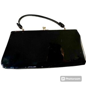 Vintage HL Harry Levine clutch black patent leather w/polkadot fabric inside